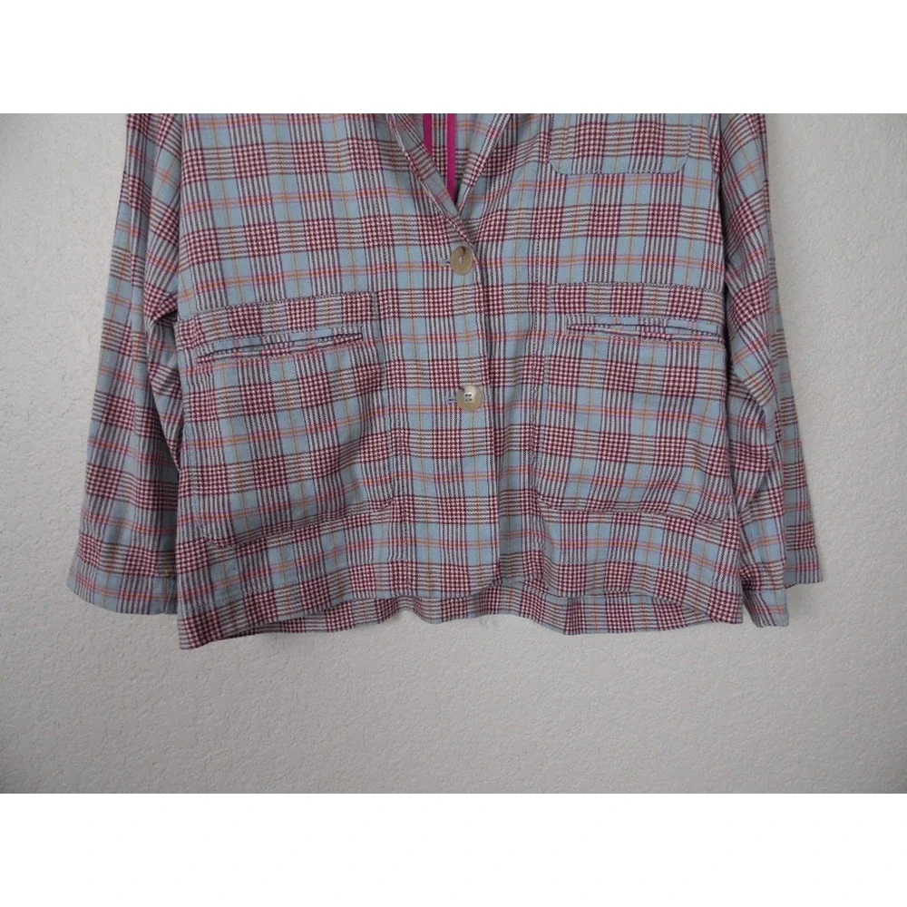 Maeve by Anthropologie Womens Plaid Blazer SZ XS Pink Blue Academia Button Front
